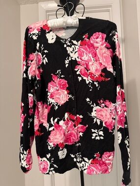 Charter Club Black Floral Cardigan Sweater with Pink Rose Print Size M